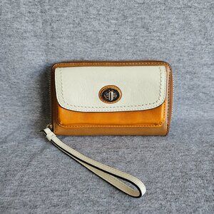 Coach Natural Straw Green Canvas Leather Strap Wristlet Turnlock Wallet NWT